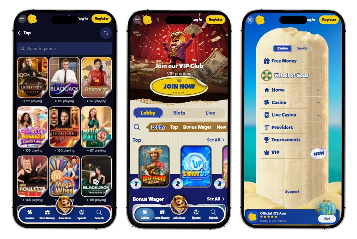 Bananzia sur mobile : lobby, VIP et menu